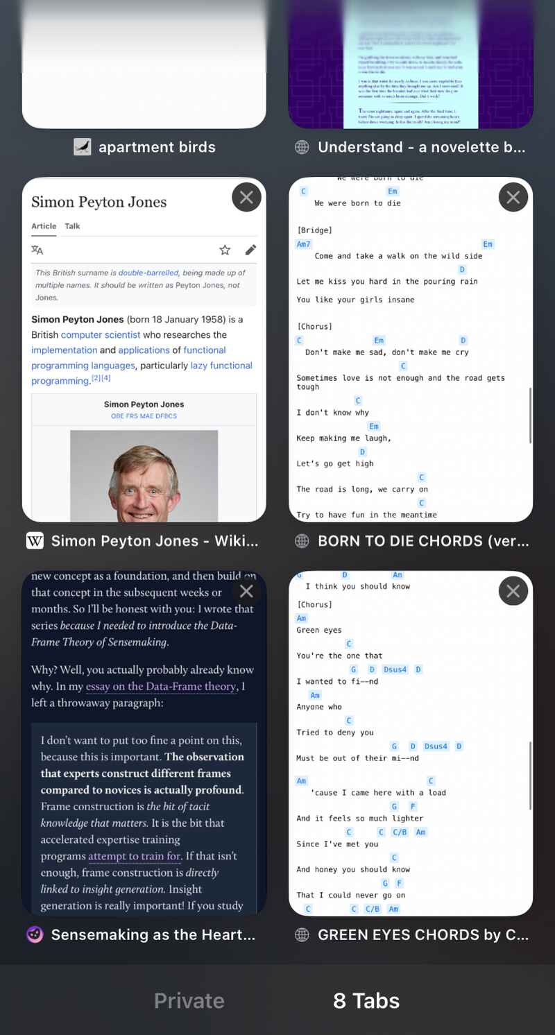Open Safari tabs: apartment birds; Understand - a novelette b…; Simon Peyton Jones - Wikipedia; BORN TO DIE CHORDS; Sensemaking as the Heart…; GREEN EYES CHORDS by C… Open Safari tabs: apartment birds; Understand - a novelette b…; Simon Peyton Jones - Wikipedia; BORN TO DIE CHORDS; Sensemaking as the Heart…; GREEN EYES CHORDS by C…